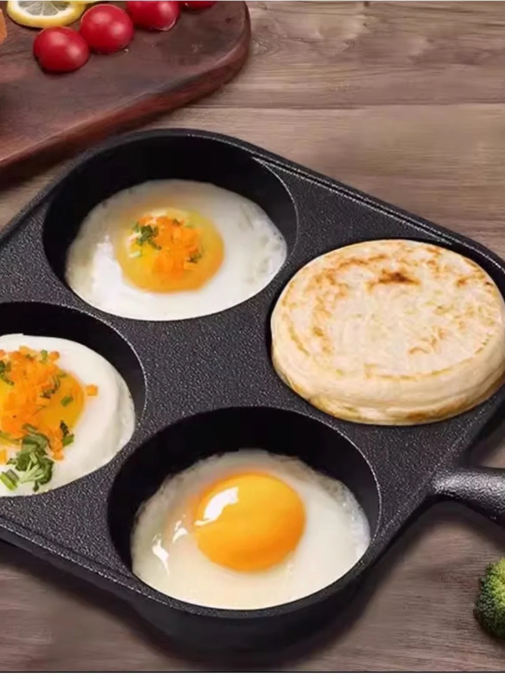 Cast Iron 4-Cup Pancake & Egg Pan with Wooden Handle - Black